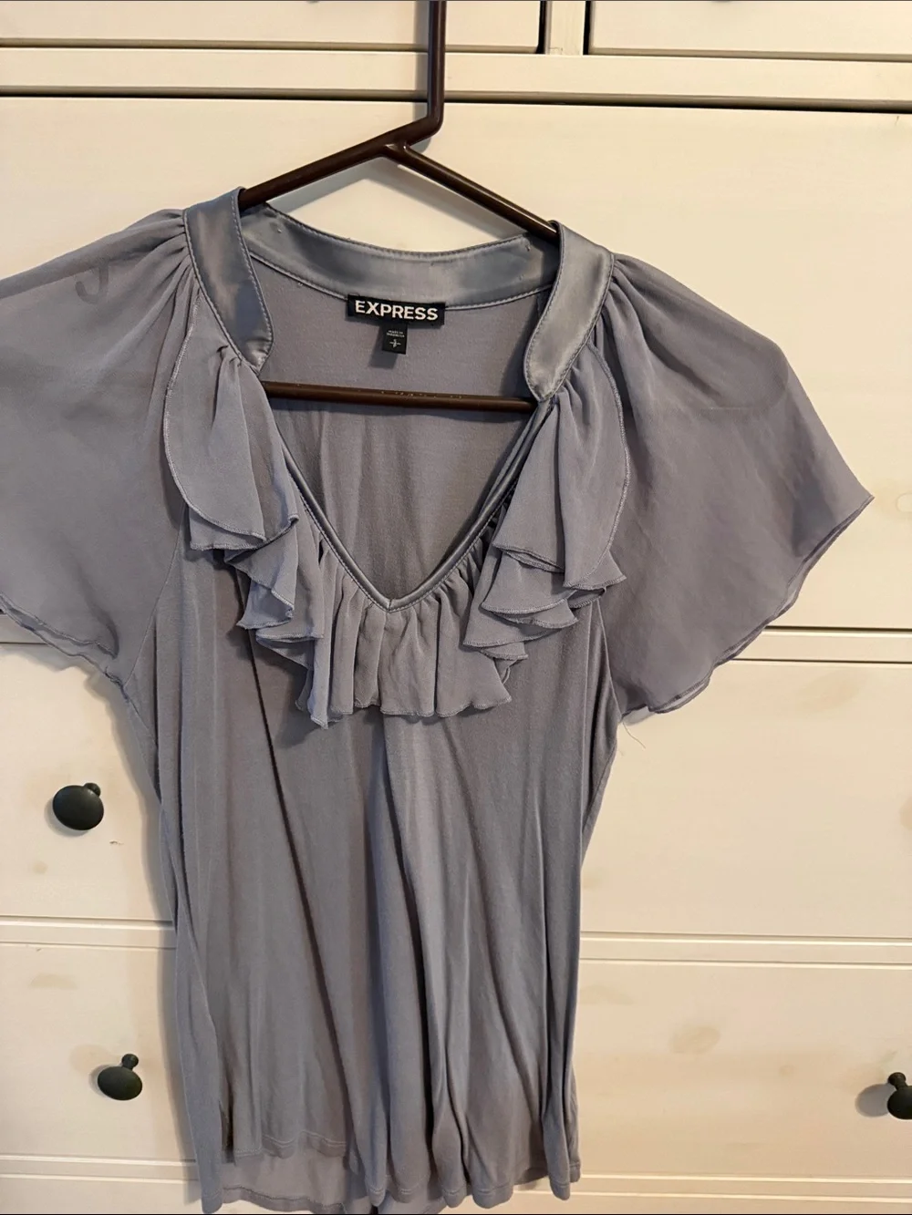 Express Light Gray Ruffle V-Neck Blouse - Picture 7 of 7